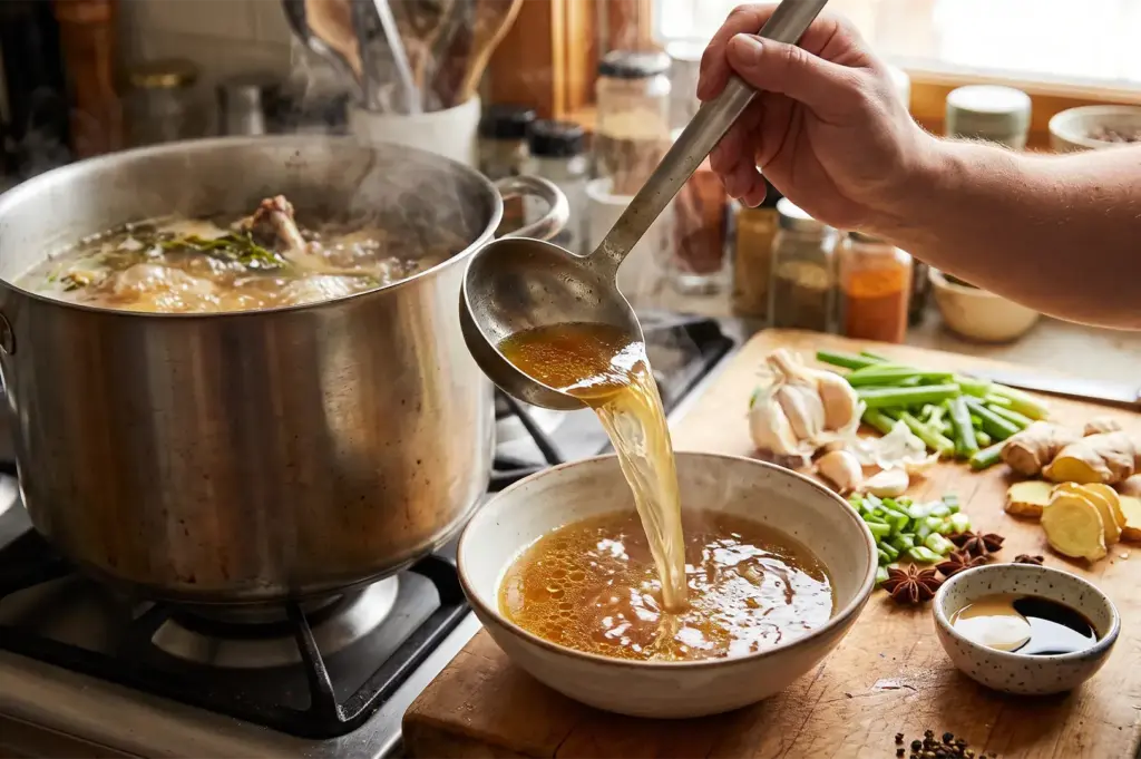 A close-up of a chef ladling steaming, clear bone broth from a large stainless steel pot into a ceramic bowl, with garlic, ginger, green onions, and star anise arranged on a wooden cutting board.