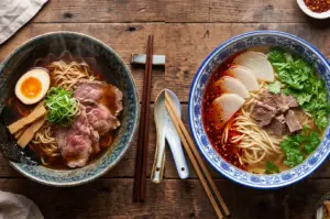 Two bowls of homemade Asian noodle soups: one with rich shoyu beef ramen and ajitsuke tamago egg, and the other with spicy beef noodles garnished with fresh cilantro and sliced white radish.