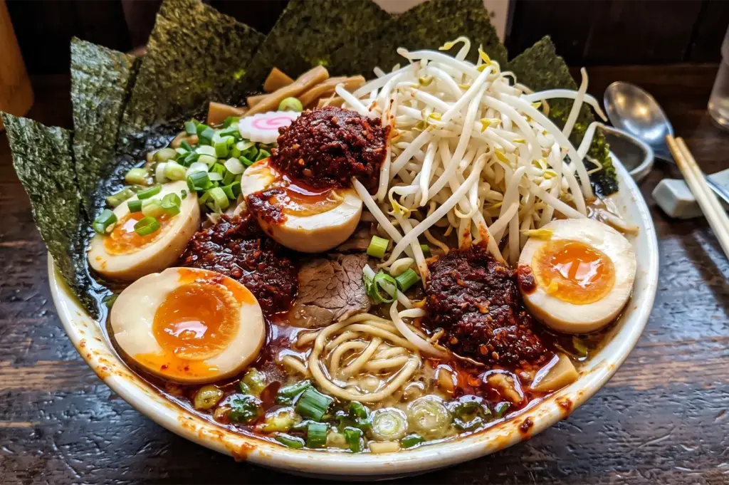 A hearty bowl of spicy beef ramen loaded with chili paste, bean sprouts, bamboo shoots, soft-boiled marinated eggs, and a fan of crisp nori seaweed sheets.
