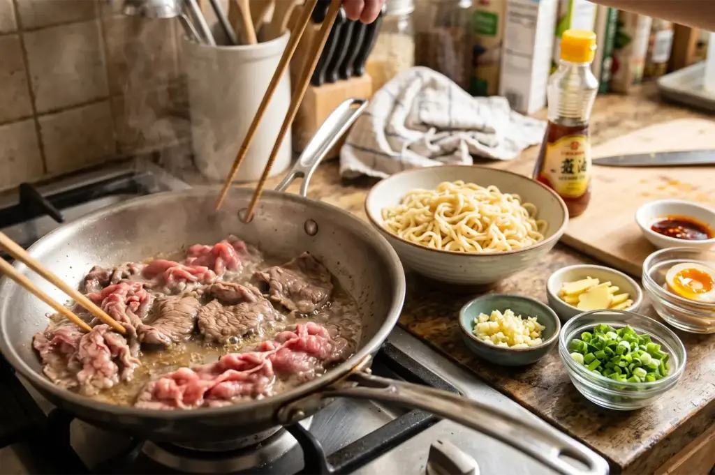A pair of chopsticks stirring thin slices of beef in a hot stainless steel skillet, surrounded by preparation ingredients including fresh noodles, minced garlic, ginger, and sesame oil on a rustic kitchen counter.