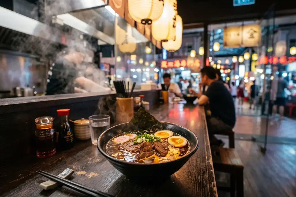 A steaming bowl of beef ramen set on the wooden counter of an authentic Japanese noodle shop at night, with traditional lanterns glowing in the background and a chef working in the open kitchen.