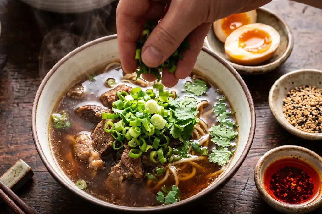 Close-up of a chef's hand sprinkling freshly chopped green onions and cilantro over a steaming bowl of tender beef noodle soup, served with soft-boiled eggs and chili oil.
